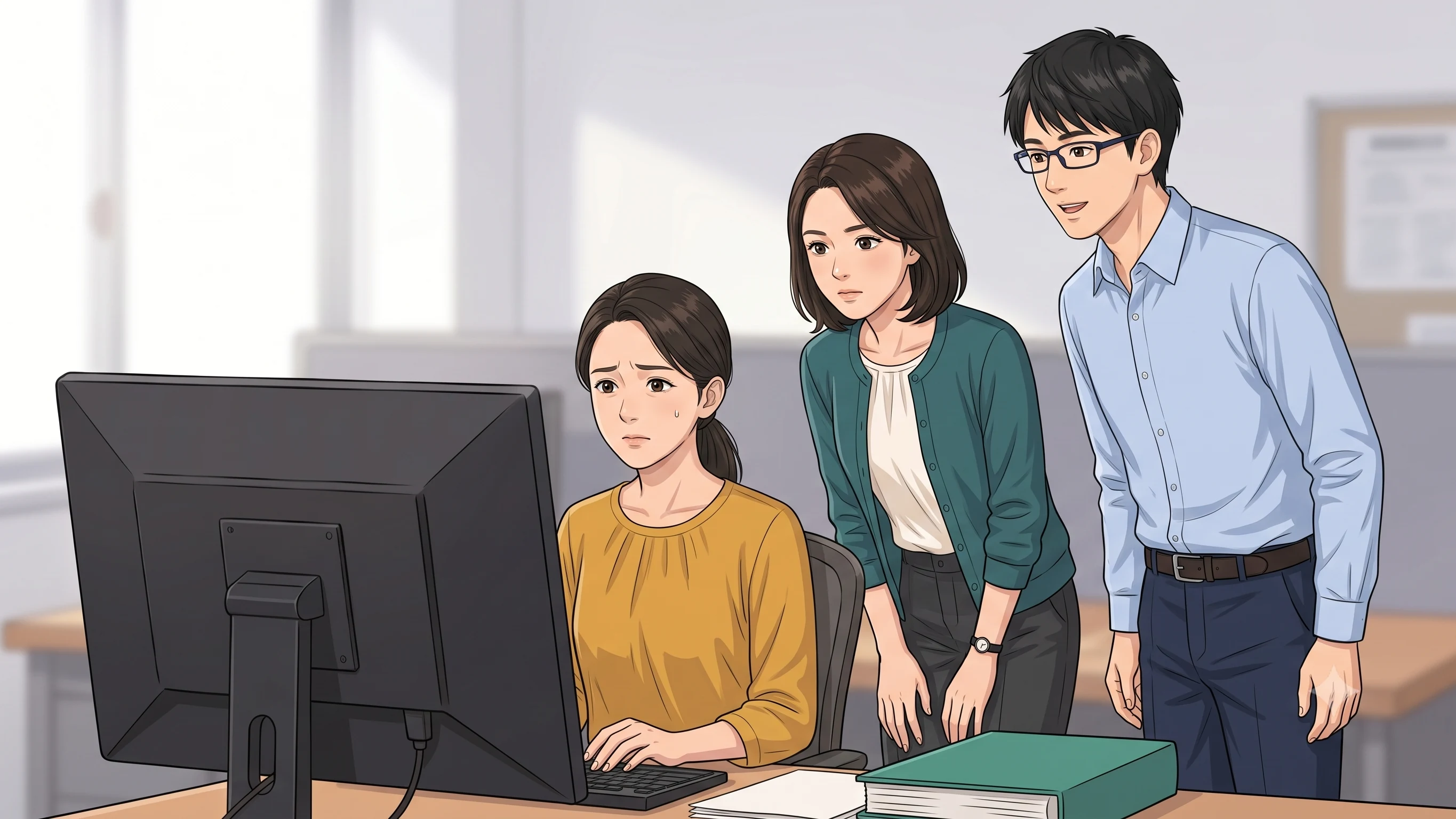 三人が同じモニターで差出人を確かめている場面