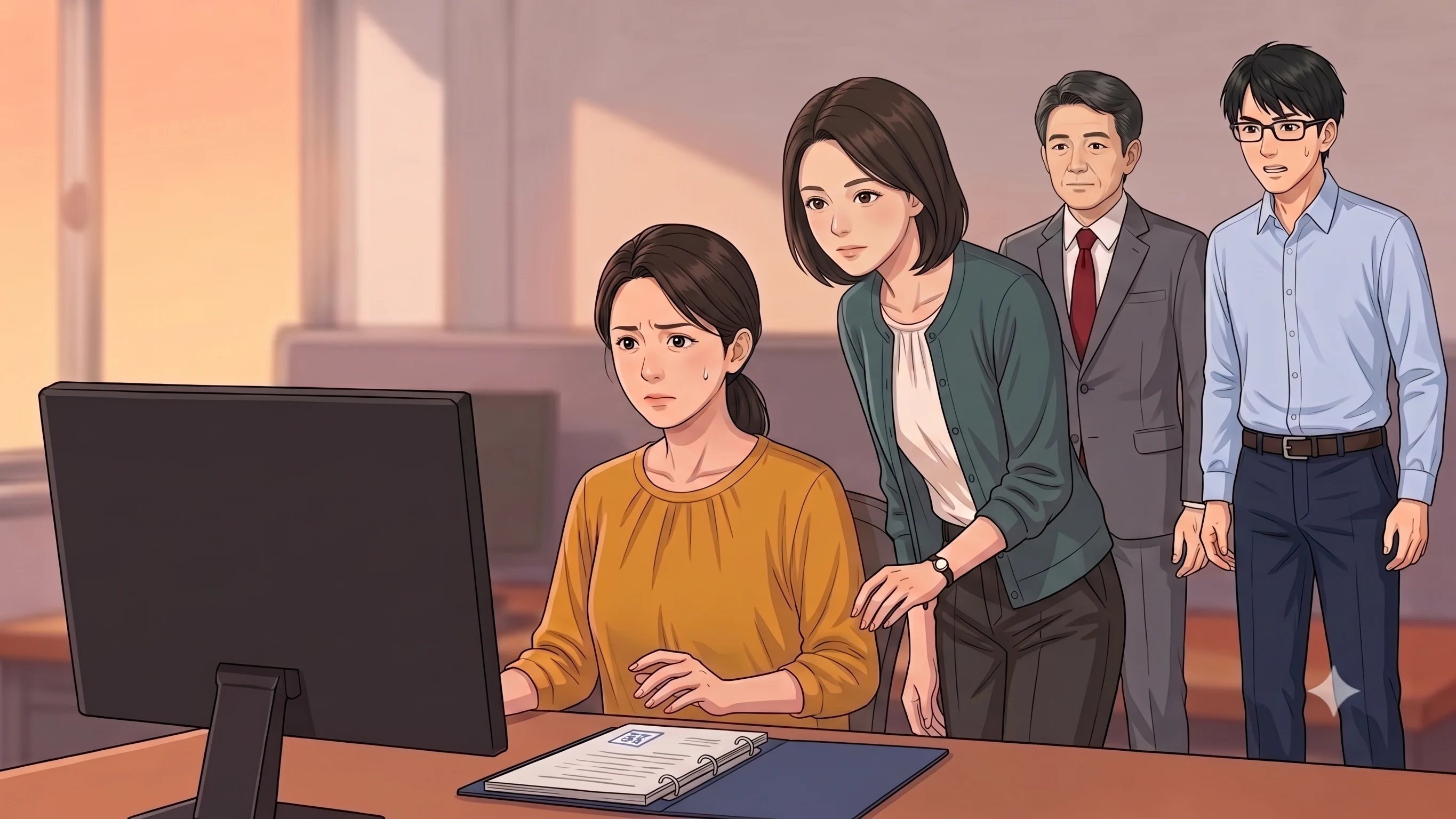 締め切り間際に四人がモニターの前で緊張している場面
