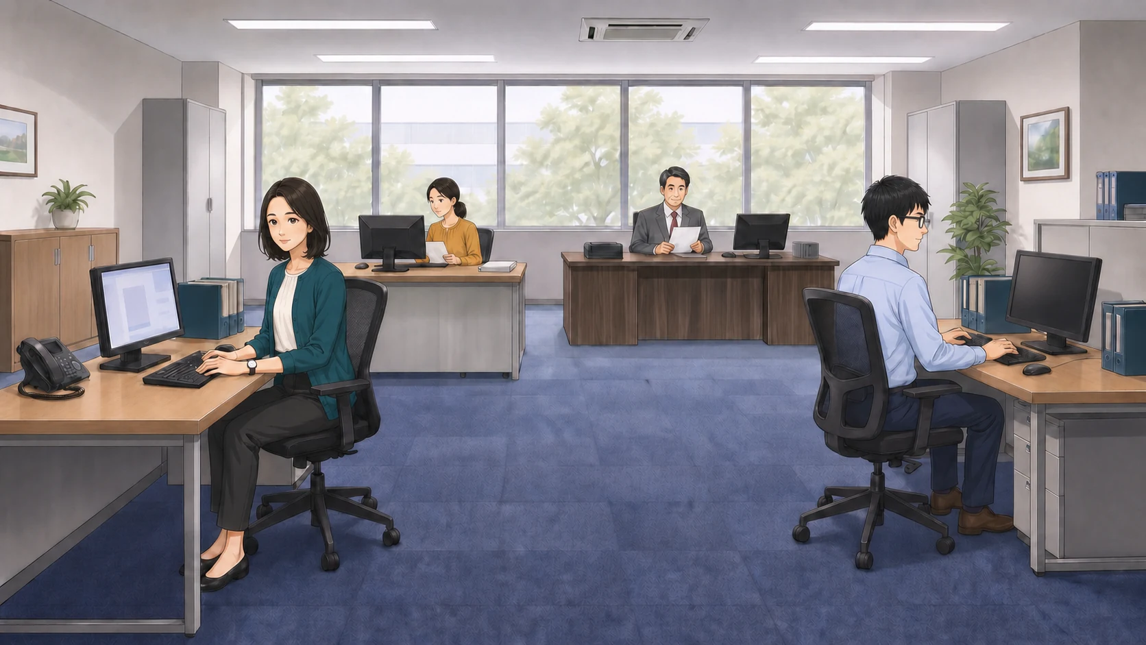 青葉ビジネスソリューション総務部で働く田中さんたち。ランサムウェア初動対応シミュレーションの導入場面